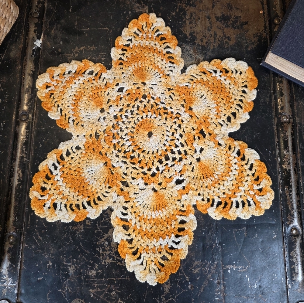 Vintage Crochet Doily Starburst | Orange Yellow Ombre Table Centerpiece